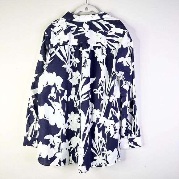 Roaman's Top Women 22W Plus White Navy Floral Button Down Collar Preppy NWOT - Picture 7 of 8
